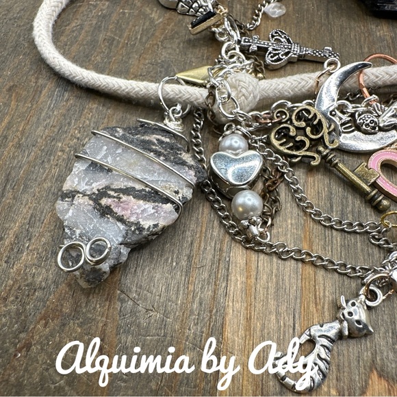 Maximalism chunky ametrine heart rhodonite layered multi charms necklace - Picture 7 of 8